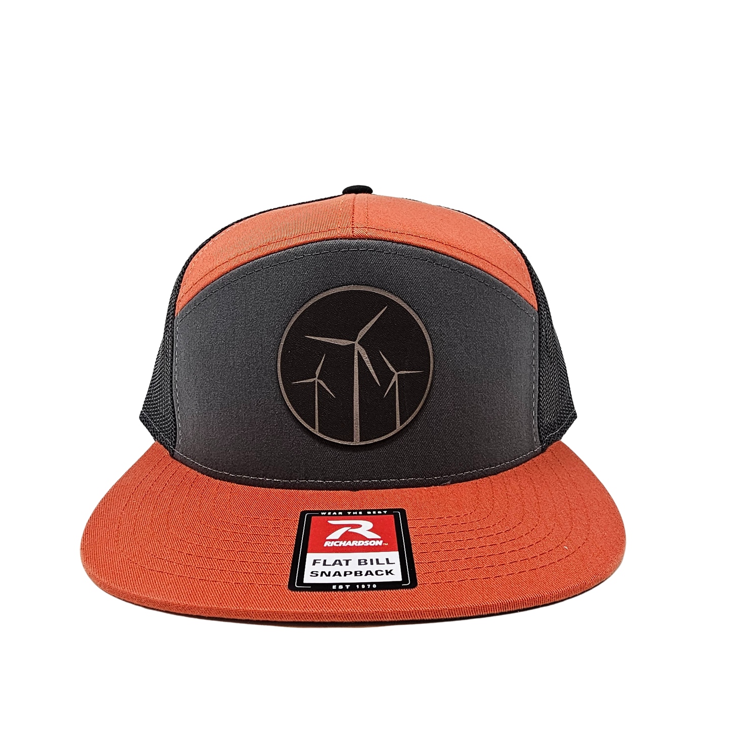 Leather Wind Patch 7 Panel Cap (Charcoal/Burnt Orange/Black)