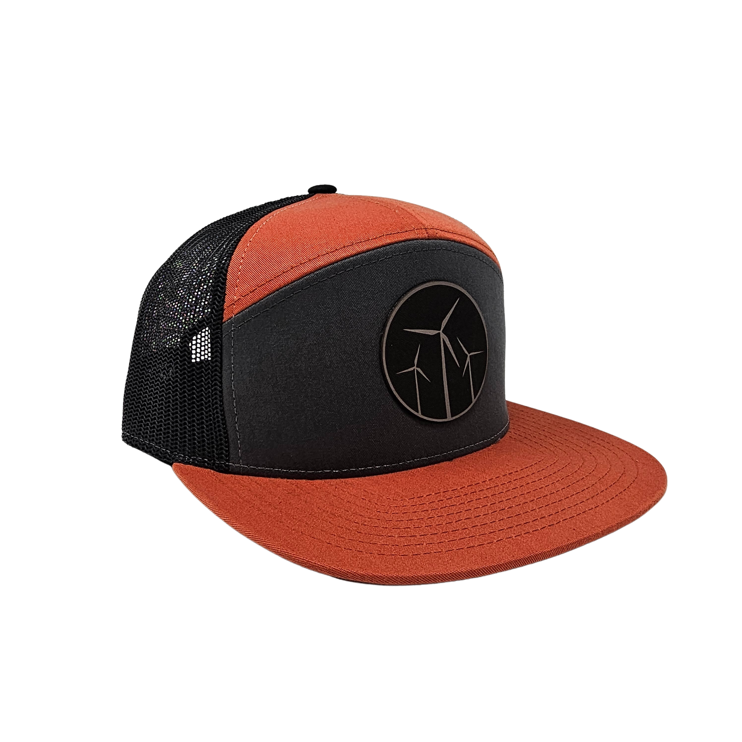 Leather Wind Patch 7 Panel Cap (Charcoal/Burnt Orange/Black)